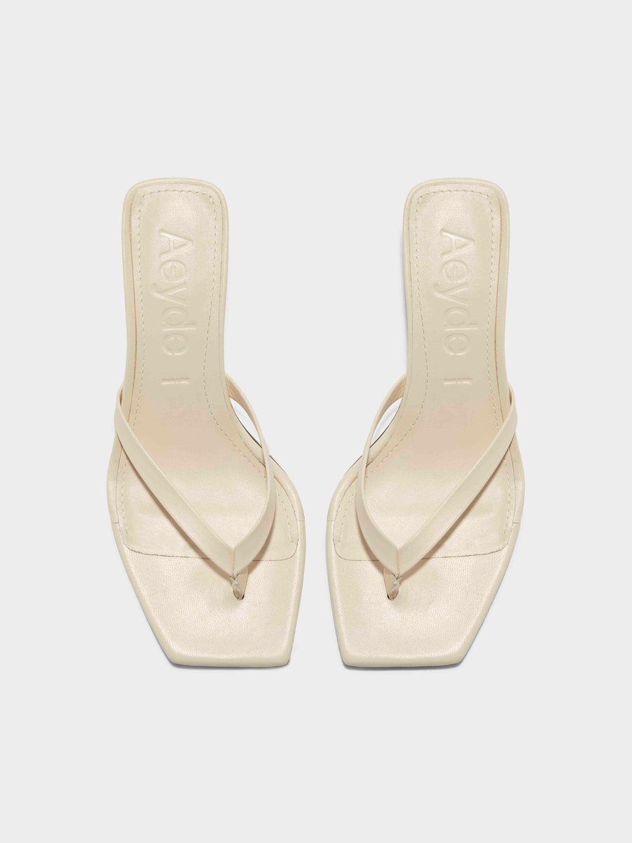 Aeyde | Wilma Leather Heeled Sandals for Women | Creamy Nappa | Square Toe | Mid Heel | Front View [x=50,y=85]