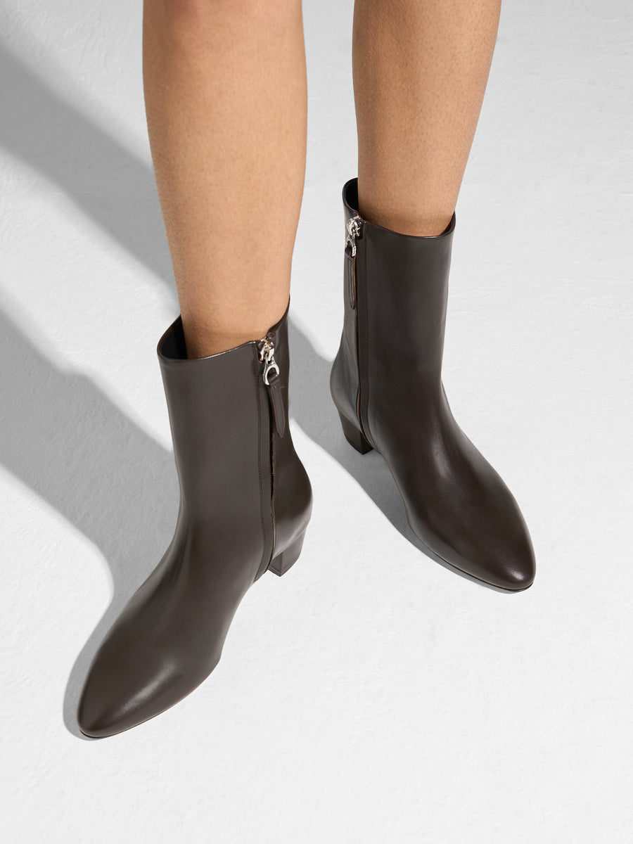 Aeyde | Yasmin Leather Ankle Boots for Women | Moka Calf | Round Toe | Low Heel | On Feet