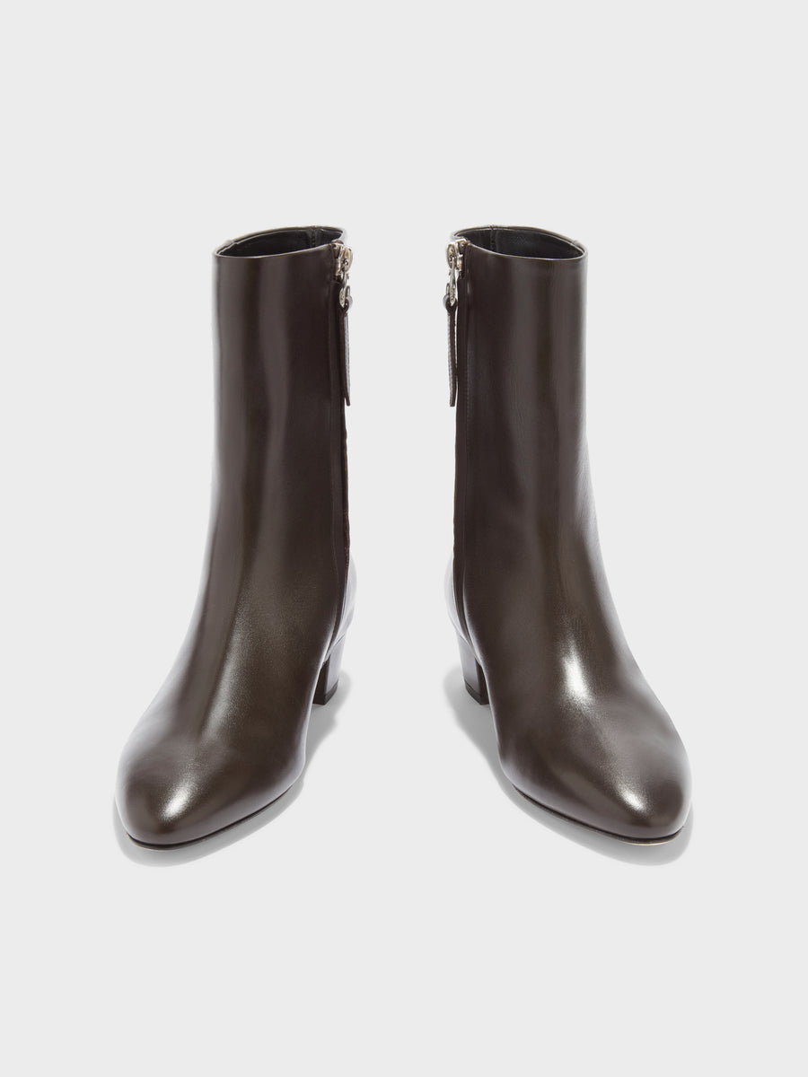 Aeyde | Yasmin Leather Ankle Boots for Women | Moka Calf | Round Toe | Low Heel | Front View