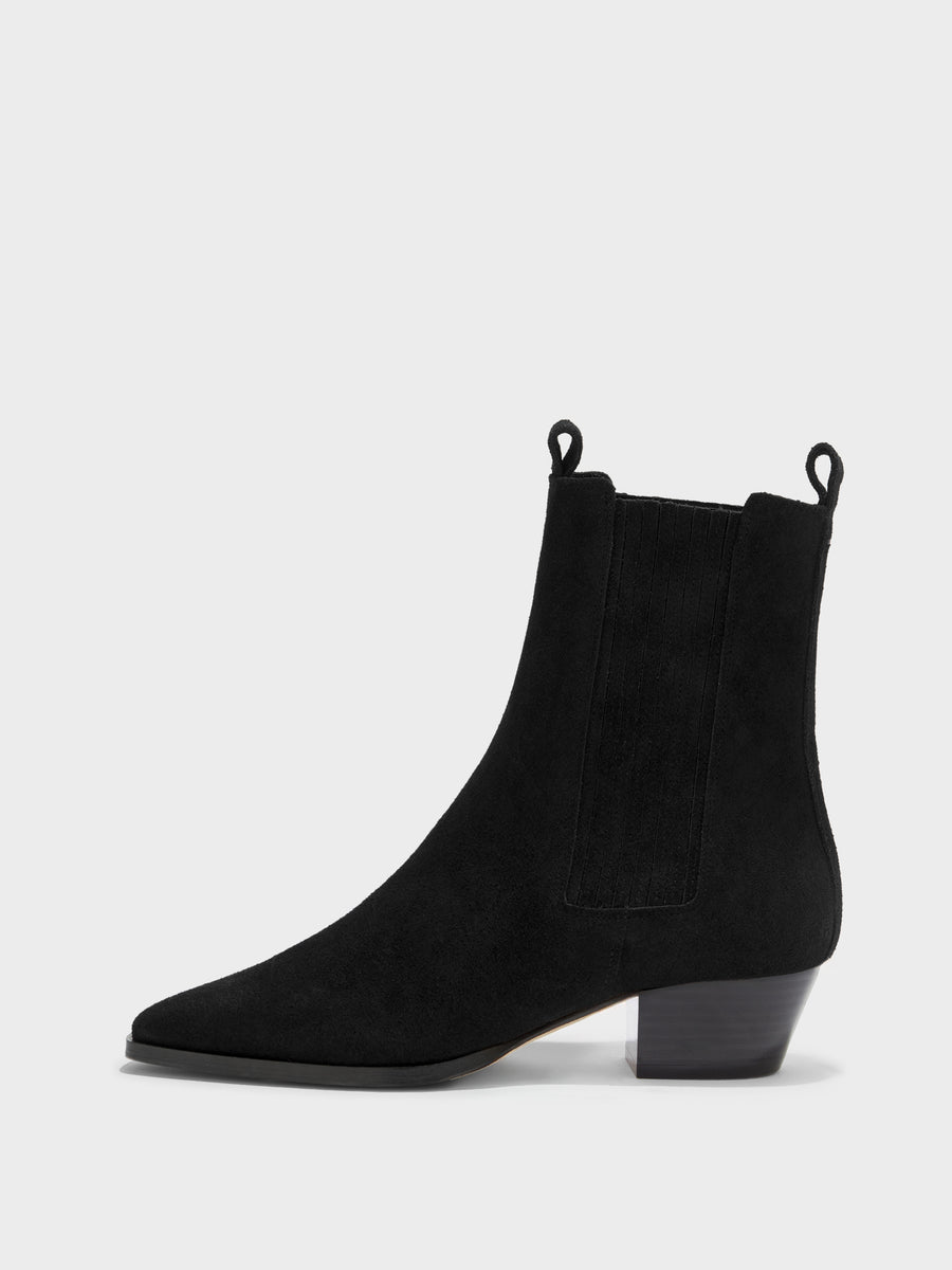 Aeyde | Agata Leather Ankle Boots for Women | Black Suede | Pointed Toe | Low Heel | Side View