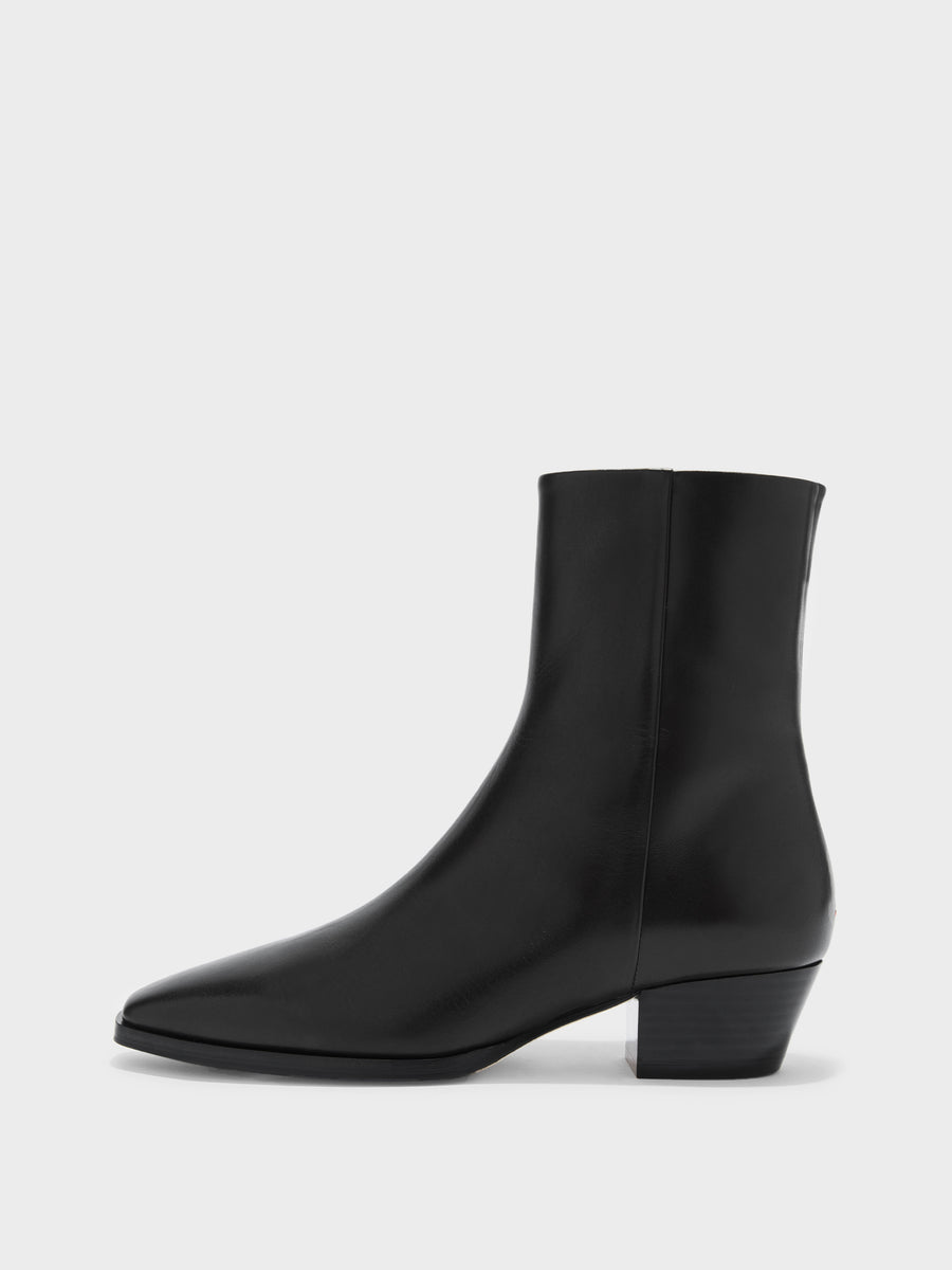 Aeyde | Baba Leather Ankle Boots for Women | Black Calf | Pointed Toe | Low Heel | Side View