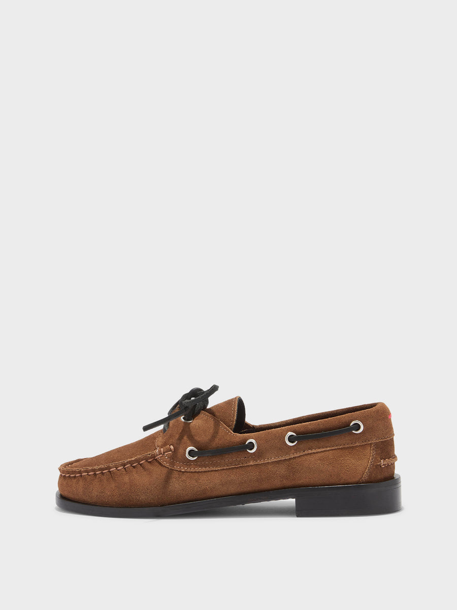 Aeyde | Harris Leather Flats for Women | Tobacco Suede | Round Toe | Flat Heel | Side View