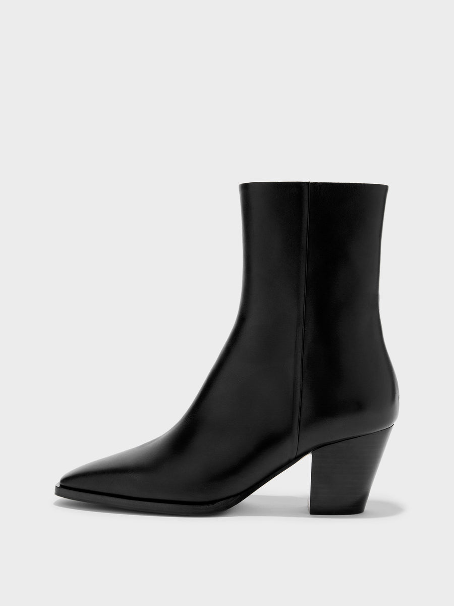 Aeyde | Hedvig Leather Ankle Boots for Women | Black Calf | Pointed Toe | Mid Heel | Side View