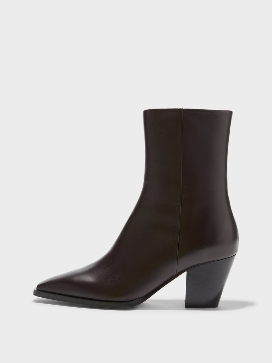 Aeyde | Hedvig Leather Ankle Boots for Women | Moka Calf | Pointed Toe | Mid Heel | Side View