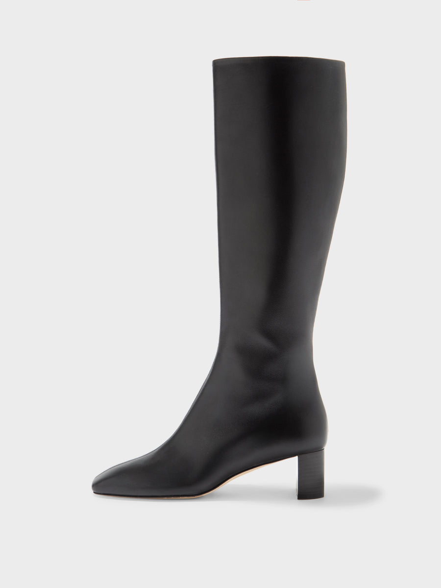 Aeyde | Marty Leather Knee High Boots for Women | Black Nappa | Square Toe | Low Heel | Side View