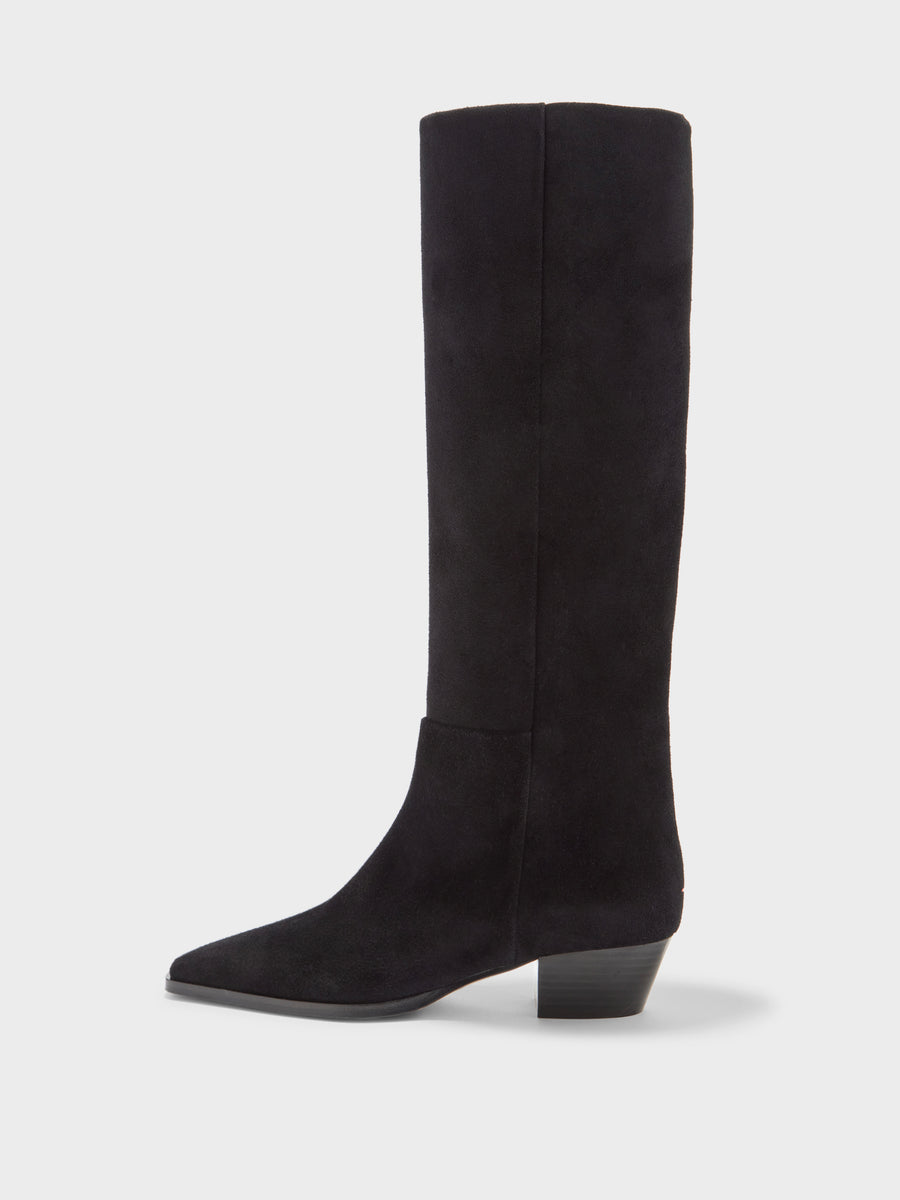 Aeyde | Medea Leather Knee High Boots for Women | Black Suede | Pointed Toe | Low Heel | Side View