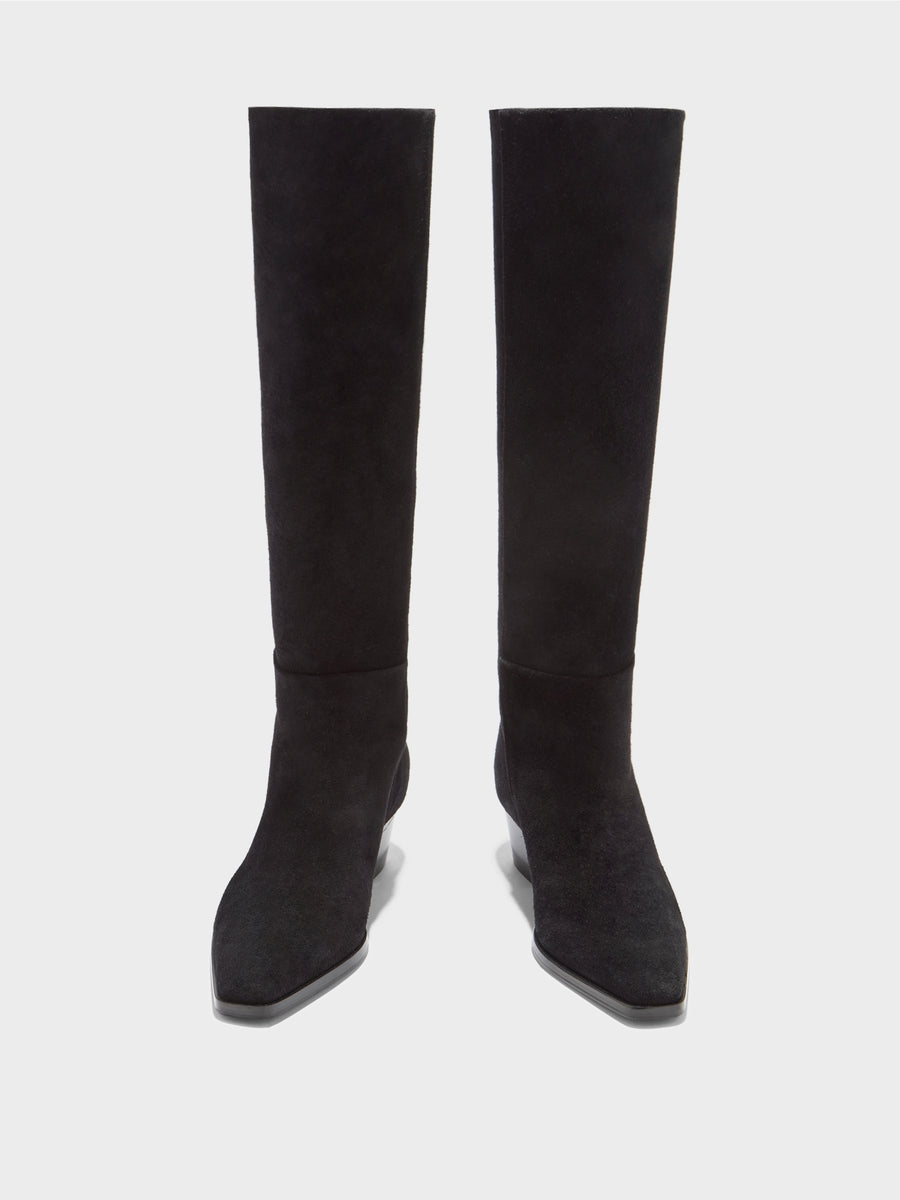 Aeyde | Medea Leather Knee High Boots for Women | Black Suede | Pointed Toe | Low Heel | Front View