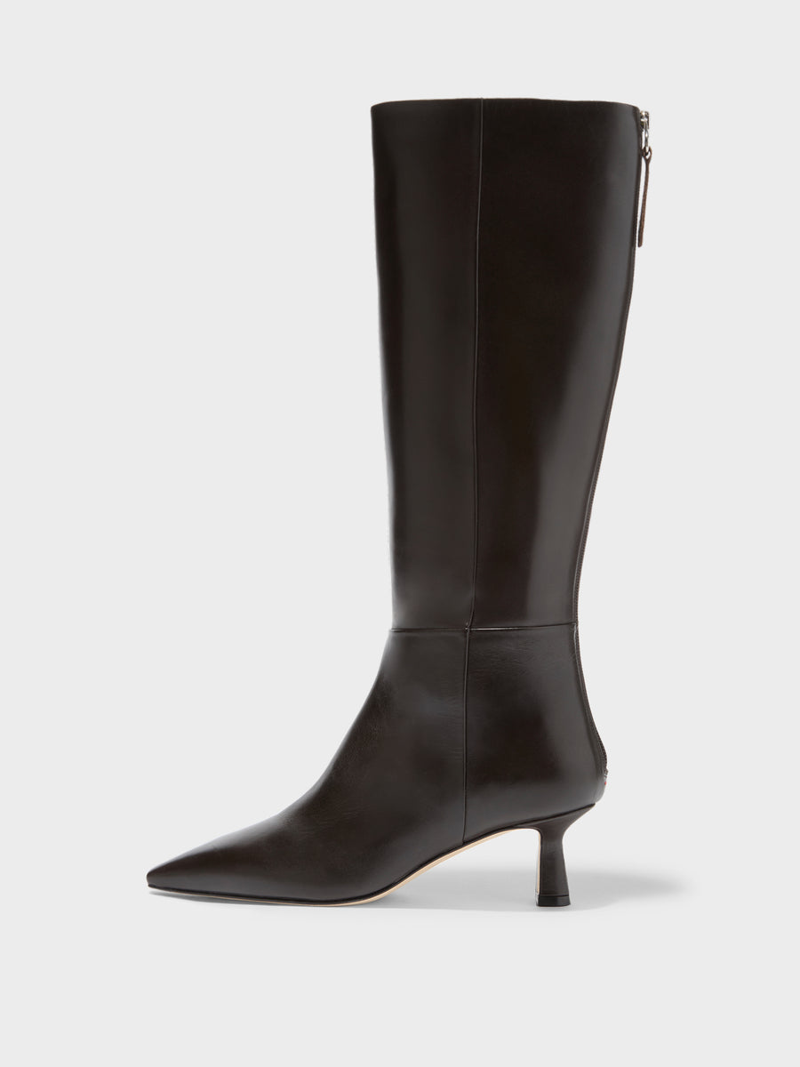Aeyde | Rhea Leather Knee High Boots for Women | Moka Calf | Pointed Toe | Mid Heel | Side View