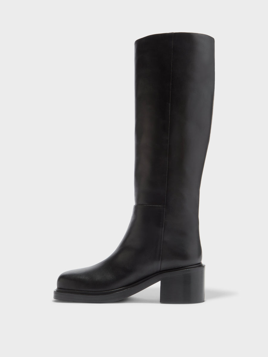 Aeyde | Taito Leather Knee High Boots for Women | Black Calf | Square Toe | Mid Heel | Side View