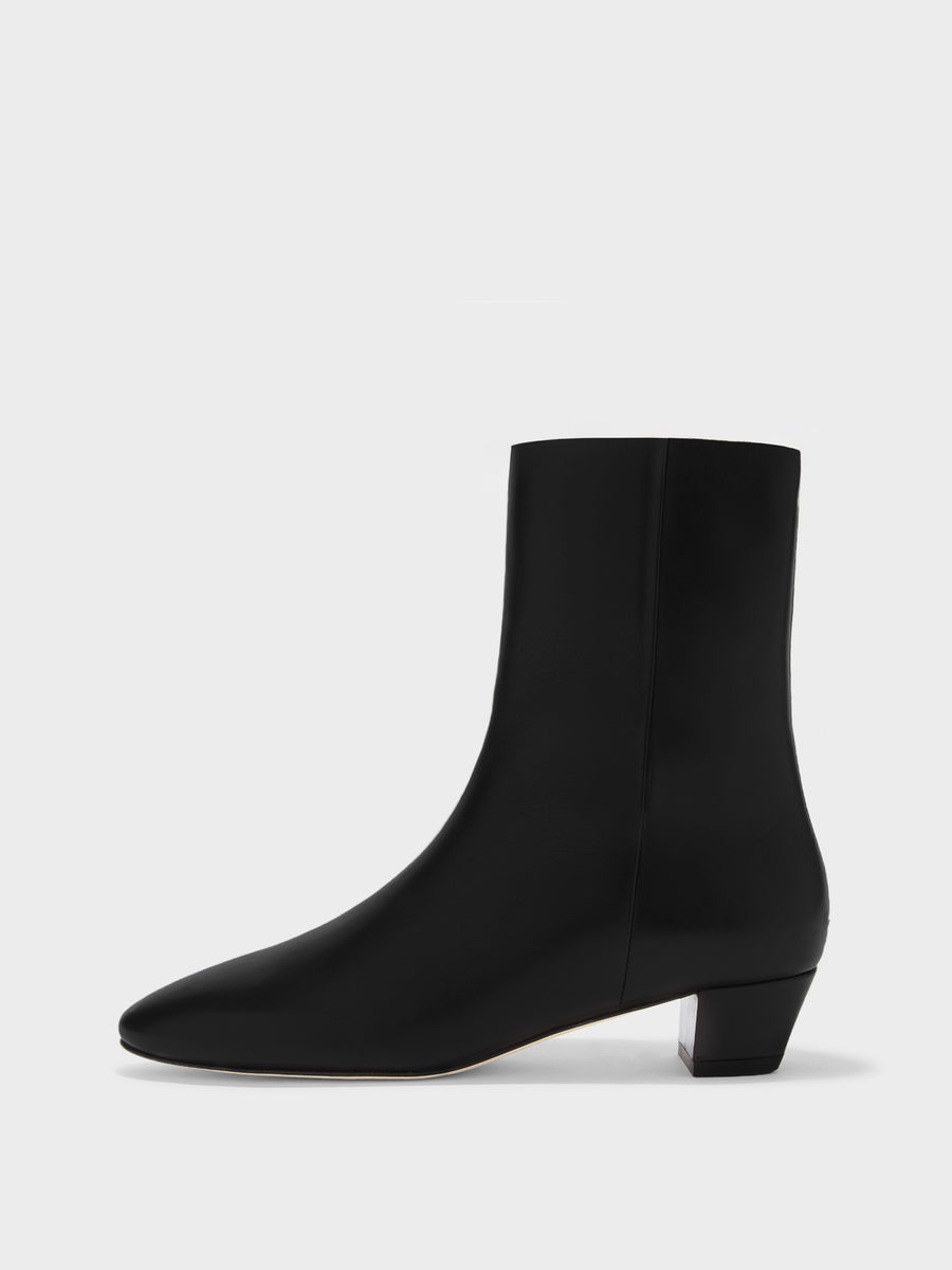 Aeyde | Yasmin Leather Ankle Boots for Women | Black Calf | Round Toe | Low Heel | Side View