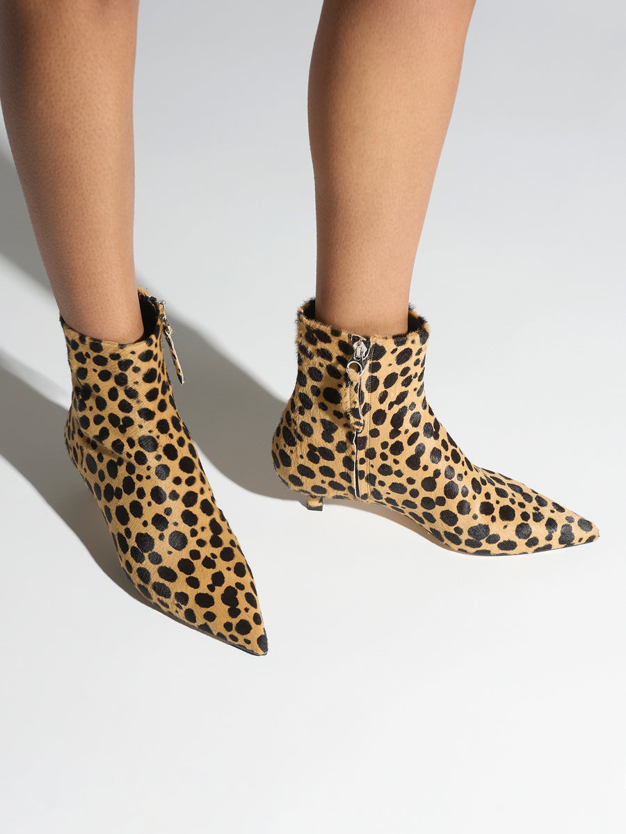 Aeyde | Sofie Leather Ankle Boots for Women | Beige/Black Ponyhair | Pointed Toe | Mid Heel | On Feet