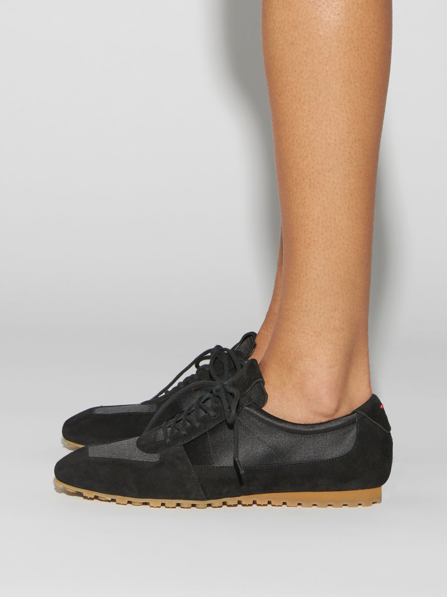 Aeyde | Uma Sneaker Leather Flats for Women | Black Satin/Suede | Square Toe | Flat Heel | How to Style