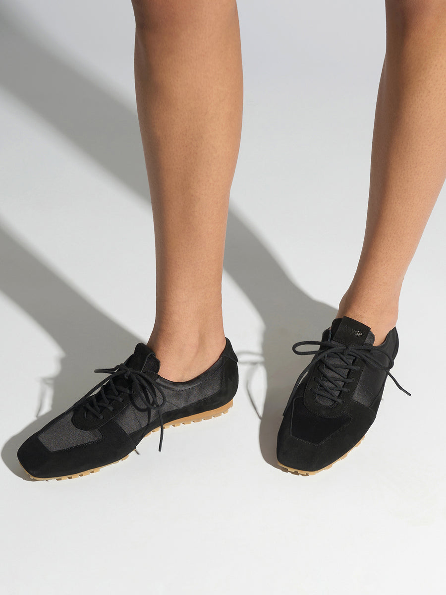 Aeyde | Uma Sneaker Leather Flats for Women | Black Satin/Suede | Square Toe | Flat Heel | On Feet