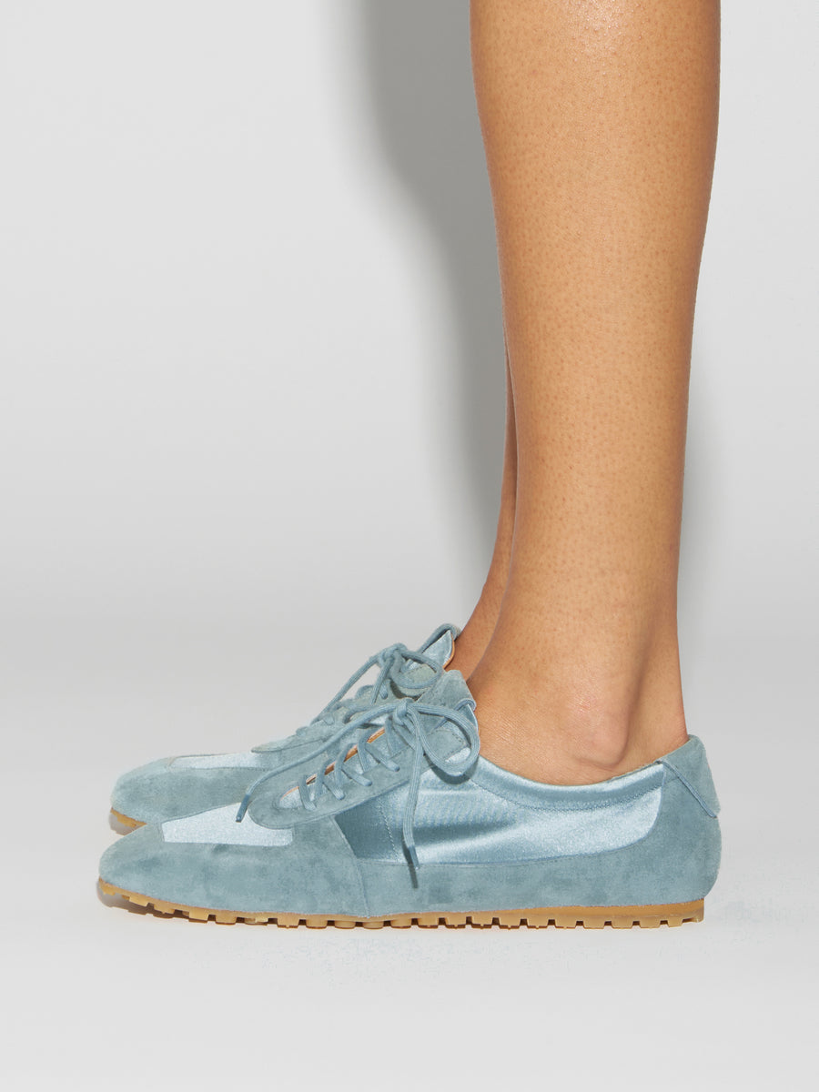 Aeyde | Uma Sneaker Leather Flats for Women | Glass Satin/Suede | Square Toe | Flat Heel | How to Style