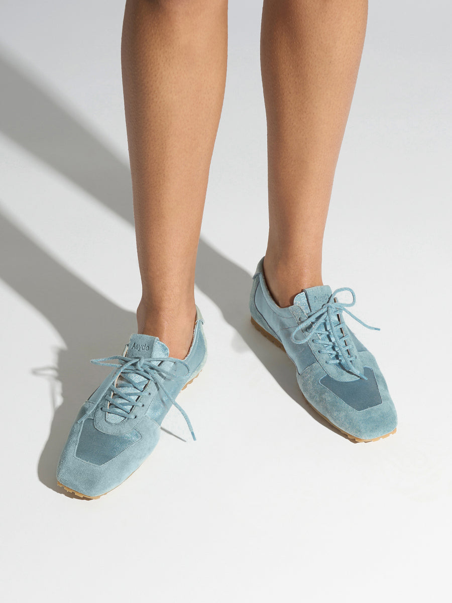 Aeyde | Uma Sneaker Leather Flats for Women | Glass Satin/Suede | Square Toe | Flat Heel | On Feet