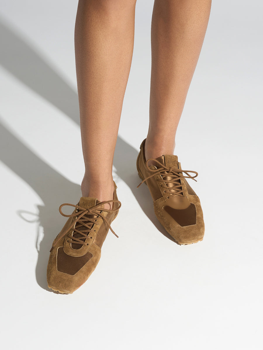 Aeyde | Uma Sneaker Leather Flats for Women | Tobacco Satin/Suede | Square Toe | Flat Heel | On Feet