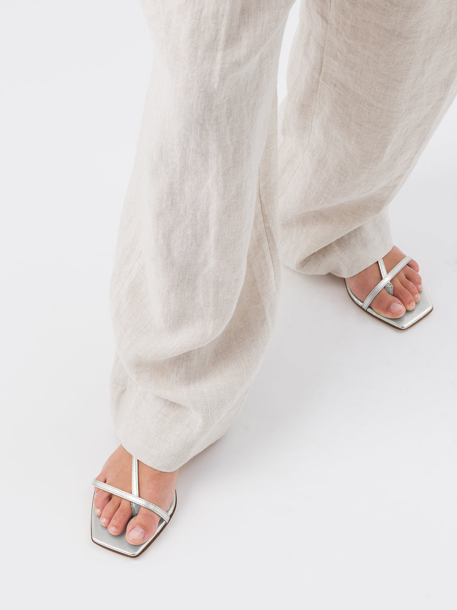 Aeyde | Ella Leather Flat Sandals for Women | Silver Nappa | Square Toe | Flat Heel | How to Style [x=50,y=85]